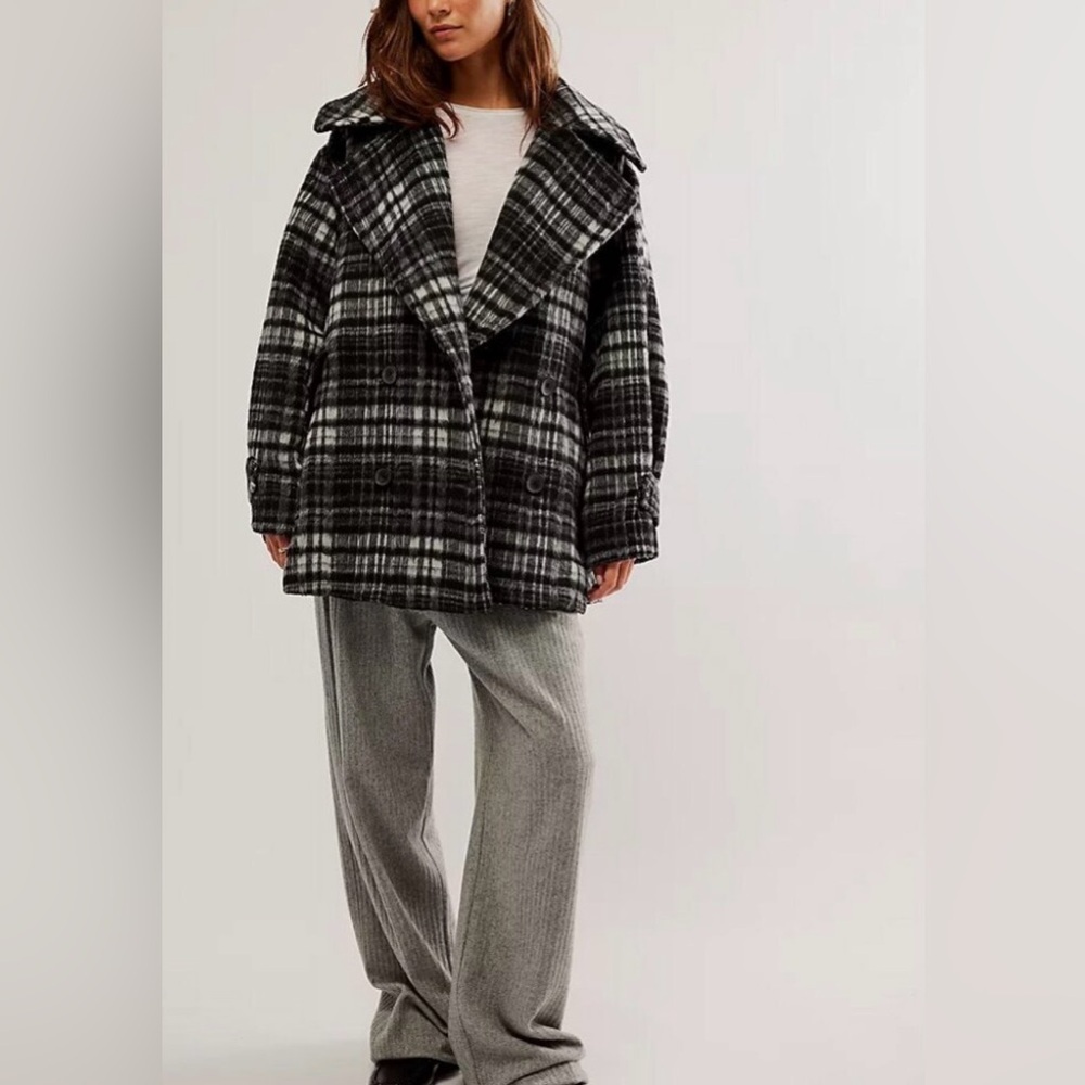NWT • Free People Highlands Wool Blend Salt & Pepper Coat M Relaxed Fit - Picture 1 of 14